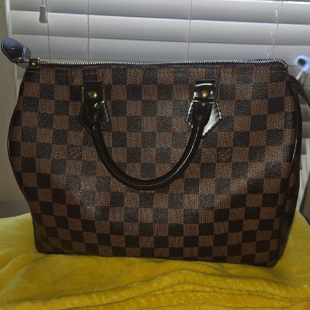Louis Vuitton Brown and Black Satchel with Iconic Damier Ebene Pattern